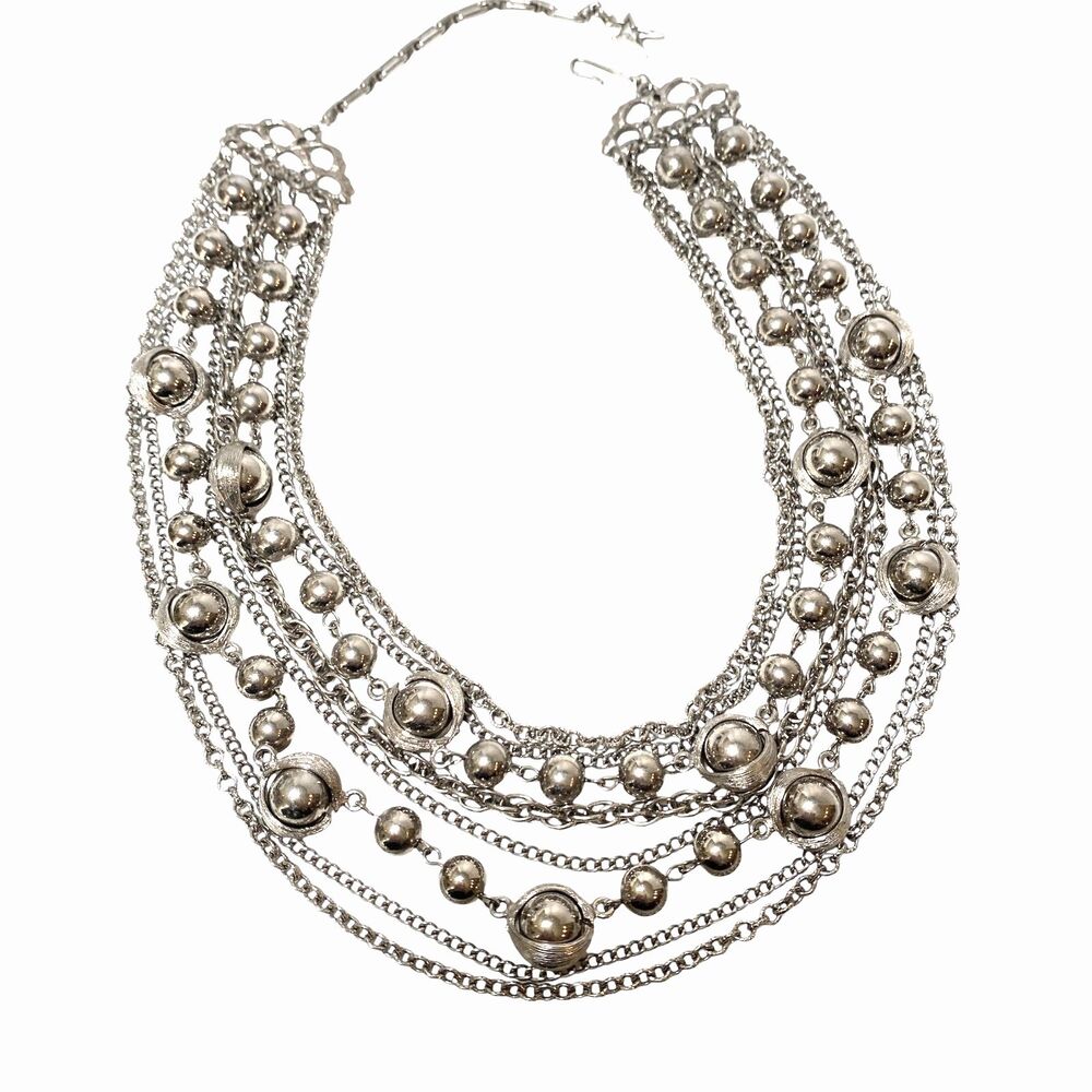Vtg Silver NECKLACE 8-Strand Tiered Ball Beads Box Link Rope Chain 20”